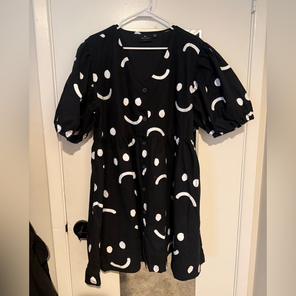 Lazy Oaf Black Happy Sad Puff Sleeve Mini Dress with White Smiley Faces Plus 18 - Picture 5 of 7